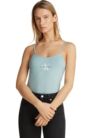 Calvin Klein Damen Tank Top Monologo Strappy Slim Fit, Türkis (Cloud Blue), M