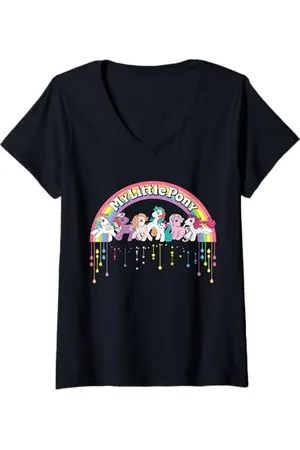 My Little Pony Damen Fluttershy Rarität im Retro-Cartoon-Design mit Regenbogenmotiv T-Shirt mit V-Ausschnitt