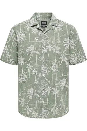 Only & Sons Herren Kurzarm Hemd Tropisches Sommerhemd mit Sommer Design Bequemes Casual Shirt, Farben:Olive, Größe Hemd:XS