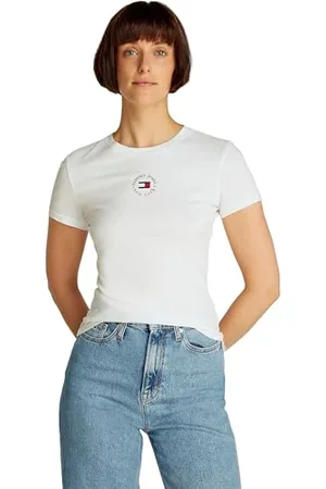 Tommy Hilfiger Damen T-Shirt Kurzarm Essential Logo Tee Slim Fit, Weiß (Ecru), L