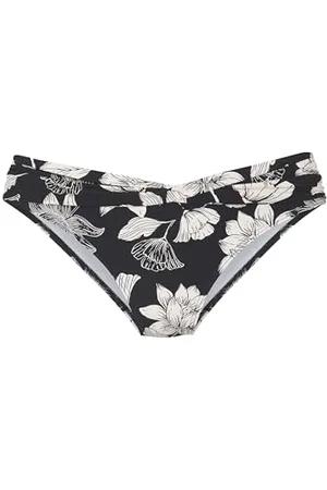 QS by s.Oliver Damen Bikinihose mit Umschlagbund mit schwarz weißem Blumenmuster