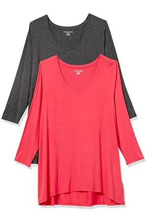 Amazon Damen Swing-T-Shirt mit 3/4-Ärmeln und V-Ausschnitt (erhältlich in Übergröße), 2er-Pack, , XXL