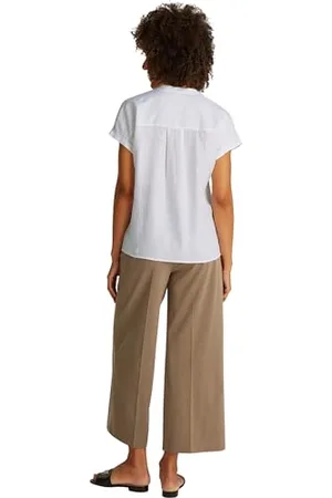 Tommy Hilfiger Damen Bluse Linen Collarless Kurzarm, Weiß (Th Optic White), 36