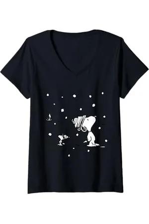 Peanuts Damen - Snoopy Woodstock Snow is falling T-Shirt mit V-Ausschnitt