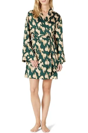 Amazon Damen Relaxed Fit Satin-Schlafmantel, Dunkelgrün/Beige, Zebras, Größe L, S