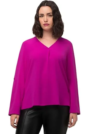 Ulla Popken Damen, Struktur, Zierfalte, V-Ausschnitt, 3/4-Arm Bluse, , 46-48