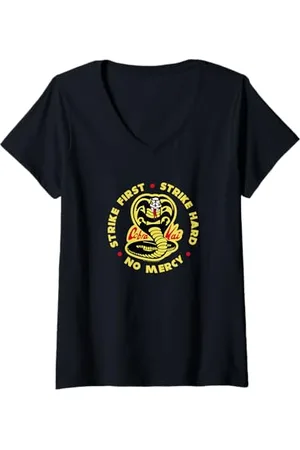 Cobra Kai Damen Schlag zuerst zu Kobra Logo T-Shirt mit V-Ausschnitt