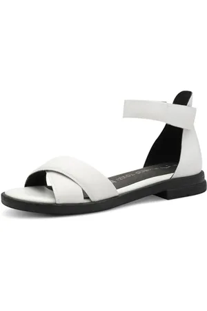 Marco Tozzi Damen Sandalen flach aus Leder mit Klettverschluss, Weiß (White/Black), 39 EU