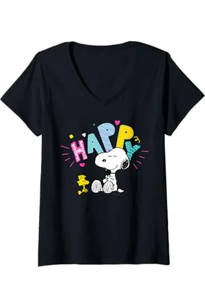 Peanuts Damen - Snoopy Happy T-Shirt mit V-Ausschnitt