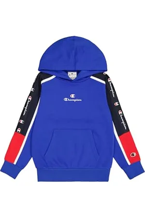 Champion Legacy Retro Sport B (306856) – Ultraleichter, weicher, kompakter Fleece-Kapuzenpullover mit Klebeband, Deep Blue/Navy (BAI/NNY/WHT), 7–8 Jahre (S), Jungen FW24