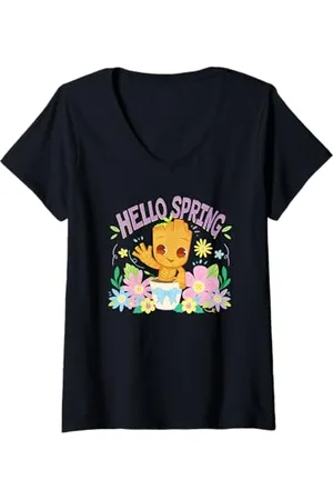 Marvel Damen Spring Baby Groot Waving Surrounded By Flowers T-Shirt mit V-Ausschnitt