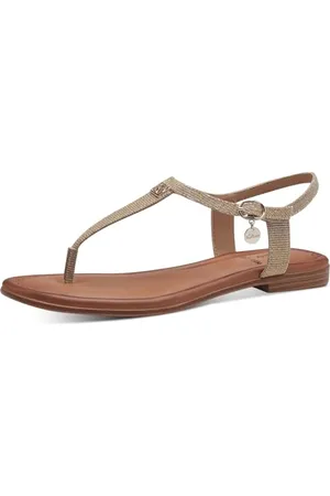 QS by s.Oliver Damen Zehentrenner mit verstellbarem Riemchen Vegan, Gold , 38 EU