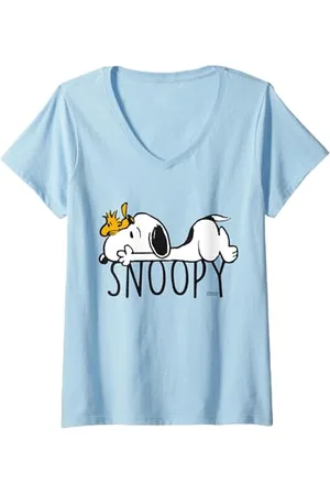 Peanuts Damen - Snoopy mit Woodstock T-Shirt mit V-Ausschnitt