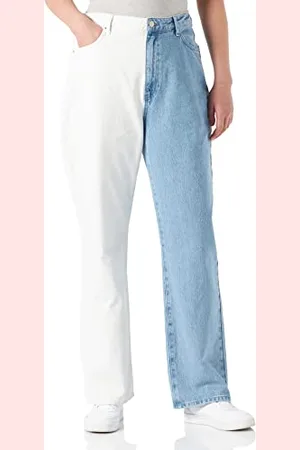 NA-KD Damen Zweifarbiger, Gerader Denim Jeans, Weiß Blau, 42