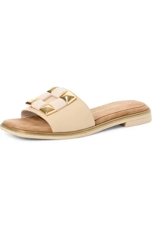 Marco Tozzi Damen Pantoletten aus Leder Bequem, Beige , 37 EU