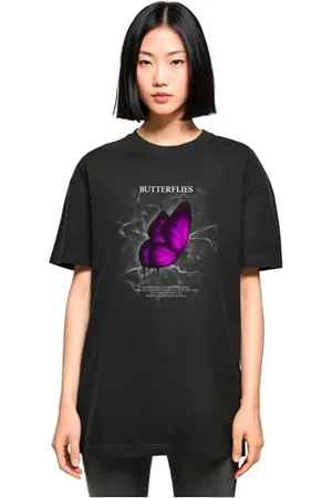 Merchcode Damen T-Shirt Ladies Butterflies Oversized Boyfriend Tee, Oversized Fit, Cotton 100 Percent, XL