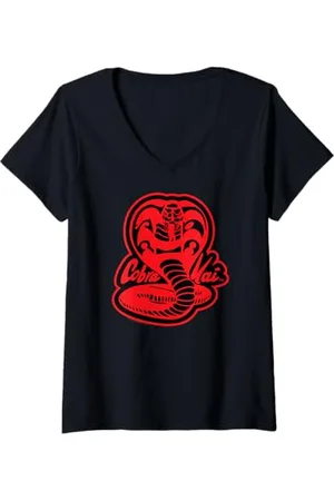 Cobra Kai Damen Rote und schwarze Kobra T-Shirt mit V-Ausschnitt