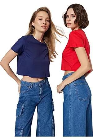 Trendyol Damen -Beg 100% Baumwolle Runder Halsband 2 Packung Crop Gestricktes T-shirt T Shirt, , M EU