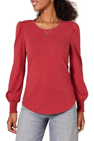 Amazon Damen Langarm-T-Shirt mit Rundhalsausschnitt und gesmokten Bündchen, , M