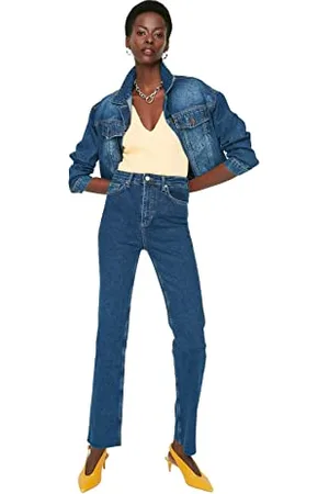 Trendyol Damen Herren Hoher Bund Flared Jeans, Dunkelblau, 38 EU