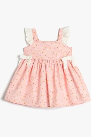Koton Babygirl Dress Flower Printed Strappy Ruffle Bow-Tie Detail Cotton