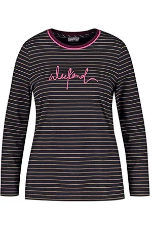 Samoon Damen 371026-26512 Langarmshirt, Mehrfarbig (Navy/Camel Ringel 8105), Medium (Herstellergröße: M)