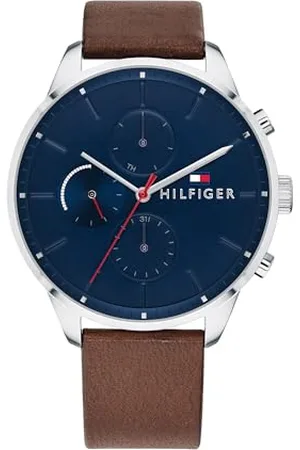 Tommy Hilfiger Herren Analoge Multifunktions-Quarz-Uhr - Braunes Lederarmband, 44mm Marineblaues Zifferblatt, 3-Zeiger-Werk, Wasserbeständig bis 5ATM - 1791487