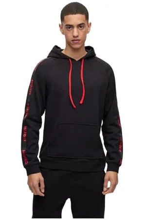 HUGO BOSS Herren Sporty Logo Hoodie Relaxed-Fit Hoodie aus Bio-Baumwolle mit Logo-Tape Schwarz L
