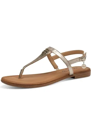 QS by s.Oliver Damen Sandalen flach aus Leder Zehentrenner, Beige , 42 EU