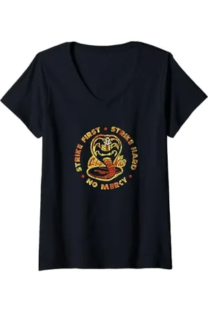 Cobra Kai Damen Schlag zuerst zu Schlag hart T-Shirt mit V-Ausschnitt