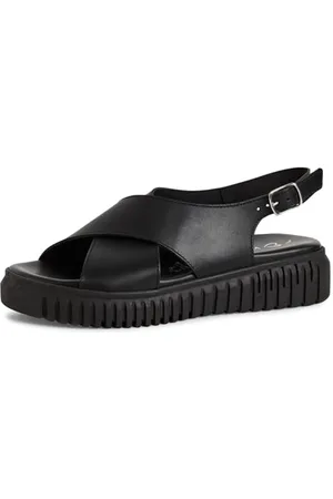 Marco Tozzi Damen Sandalen flach aus Leder mit Schließe, (Black), 40 EU