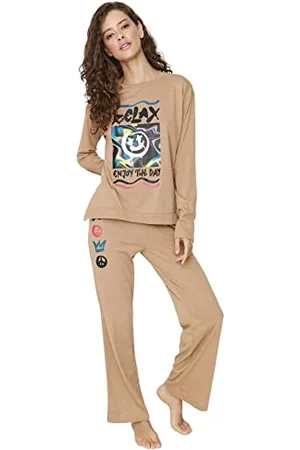 Trendyol Damen Damen Print Mitte Gestrickt T-shirt-hose Pyjama Pajama Set, , M EU