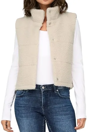 ONLY Damen kurze Teddy Weste ONLSandra Life Kunstpelz Damenweste mit Stehkragen 15320630 Pumice Stone XL