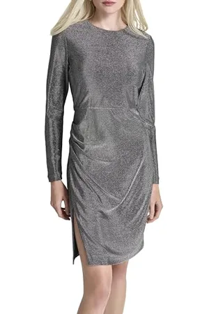 DKNY Damen Long Sleeve Jewel Neck Ruche Dress, , 40 EU