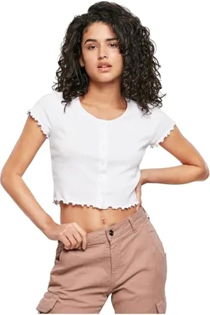 Urban classics Damen Ladies Cropped Button Up Rib Tee T-Shirt, White, XS