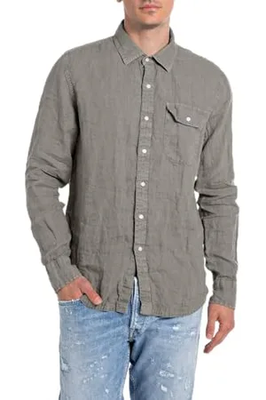 Replay Herren Hemd Langarm aus Leinen, (Grau), XS