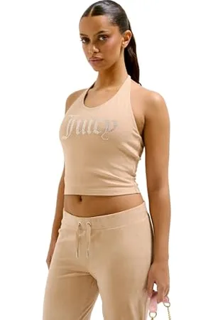Juicy Couture Damen Tied Halter Neck figubetontes T Top Oberteil mit Applikationen versch. Farben Trägershirt/Cami Shirt, , Large