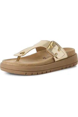 Marco Tozzi Damen Zehentrenner aus Leder mit Schließe, Beige , 41 EU