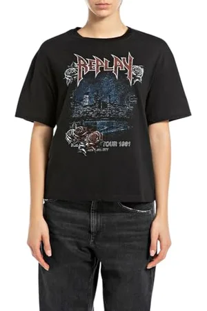 Replay Damen T-Shirt Kurzarm aus Baumwolle, Schwarz (Black 098), L