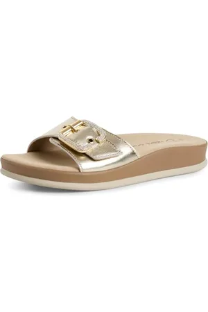 Marco Tozzi Damen Pantoletten aus Leder mit Klettverschluss, Beige , 37 EU