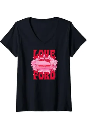 Tom Ford Damen – Vintage Mustang 1968 Retro Love Flowers T-Shirt mit V-Ausschnitt