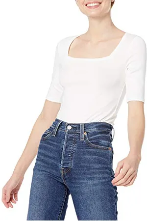 Amazon Damen Halbarm-T-Shirt mit eckigem Ausschnitt in schmaler Passform, , XS