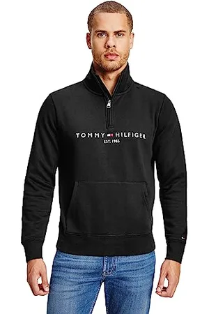 Tommy Hilfiger Herren Sweatshirt mit Reißverschluss Logo Mockneck mit Bauchtasche, Schwarz (Black), M