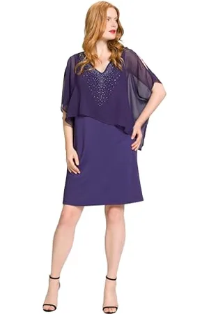 Ulla Popken Damen, große Größen, Kleid mit Chiffonüberwurf, Strass und Perlen