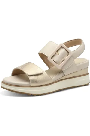 QS by s.Oliver Damen Sandalen mit Keilabsatz mit Schnalle Bequem, Gold , 38 EU