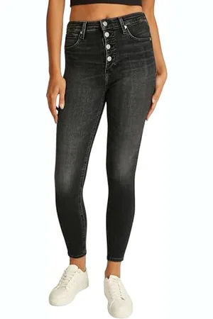 Calvin Klein Damen Jeans Hose High Rise Super Skinny Ankle mit Knopfleiste, Schwarz (Denim Black), 26W