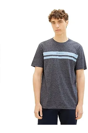 TOM TAILOR Herren 1038750 T-Shirt mit Streifen-Print & Logo, 13684-Sky Captain Blue Non-Solid, XL