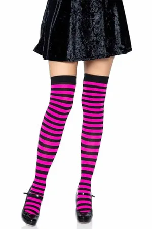 Leg Avenue 6005 - Overknee Halterlose Strümpfe Mit Streifen, Einheitsgröße (EUR 36-40), schwarz/neon pink, Damen Karneval Kostüm Fasching