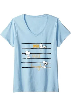 Peanuts Damen - Snoopy Woodstock Smile Giggle Laugh T-Shirt mit V-Ausschnitt