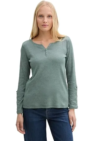 TOM TAILOR Damen 1024036 Henley Longsleeve mit Streifenmuster, 37444-Off White Green Stripe, Small